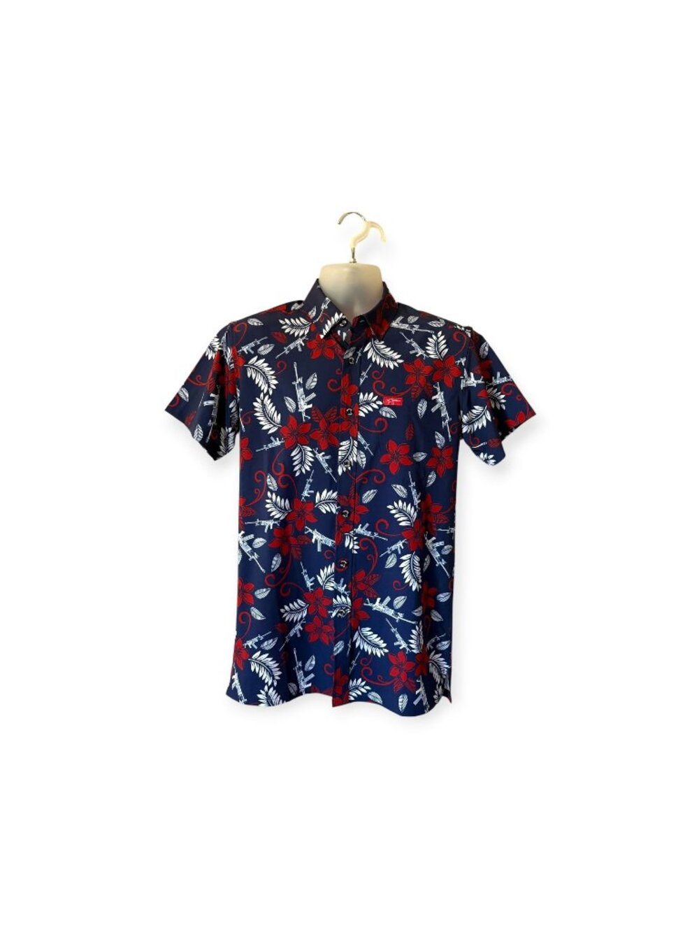 Retro Rifle Patriotic Hawaiian Button Up Shirt Blue Mens Small